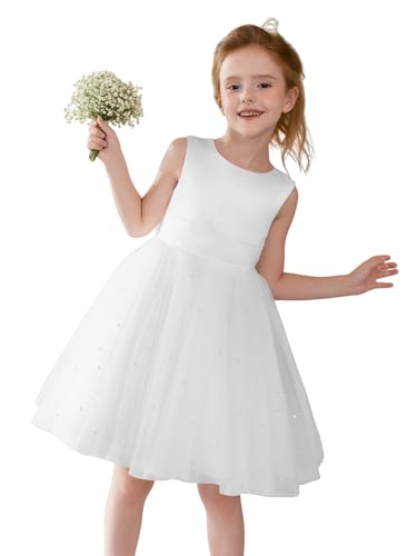 Girls Pearls Satin Tulle Flower Girl Dresses for Wedding Party Crewneck First Communion Dress with Bow