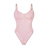 ILEVIHAM Women One Piece Sexy Lingerie Stretch Mesh Bodysuit Sheer Thong Teddy Leotard Rave Outfit Jumpsuit Tops (L,Pink)