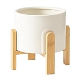 La Jolie Maison White Planter with Wood Stand, 9 Inch Ceramic Planter for Indoor Plants, Large Modern Planter Pots with Drainage Hole