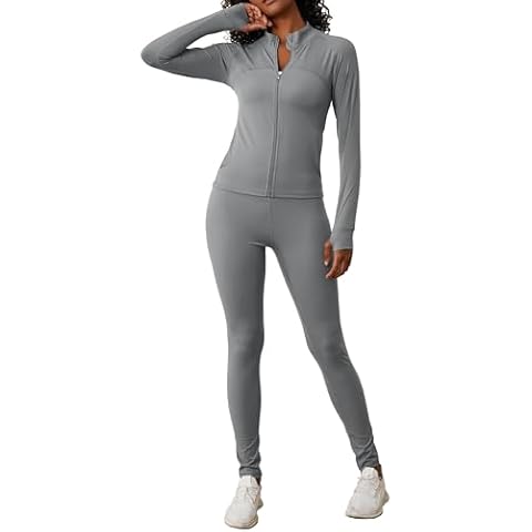 AUXDIO Women Jogging Suits 2 Piece Set Tracksuit Sets Yoga Outfits Long Sleeve Zipper Jacket High Waist Leggings Gym Outfit Grey Medium Cover