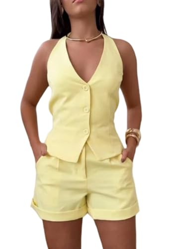 Tcremisa Womens 2 Pieces Outfits Casual Button Down Blazers Vest with Shorts Set Office Business Suits