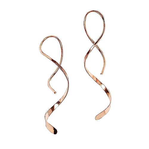 Spiral Threader Earrings for Women Stainless steel Handmade Twisted Curved Pull Through Earrings Drop Dangle Earrings Jewelry for Women (rose gold)