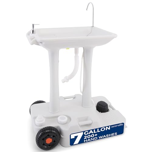 SereneLife Portable Camping Sink with 30L (7+ Gallon) Built-In Water Tank, Large Wheels, Hands-Free Foot Pump, Extra-Large Basin, and 5L Soap Dispenser – Ideal for Outdoors, Camping, and Worksites