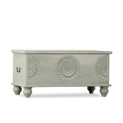 Image of Rafi Wooden Trunk Box for Storage | Solid Wood Coffee Table for Living Room | Center Coffee Table with Storage | Front Wooden Carved Sandook Pitara for Home Decor & Bedroom (Green Ela)