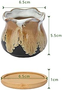Warmplus 6.5CM Ceramic Succulent Plant Pot, Cactus Pots for Indoor Outdoor Plants, Small Flower Pot Flowing Glaze with Drainage and Bamboo Tray, Great for Home Decor, Set of 6 (Plants Not Included)