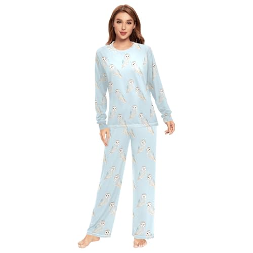 Fustylead Watercolor Cute Barn Owl Matching Couple Pajama Sets 2 PCS Lounge Long Sleeve Sleepwear Pants Set for Men & Women