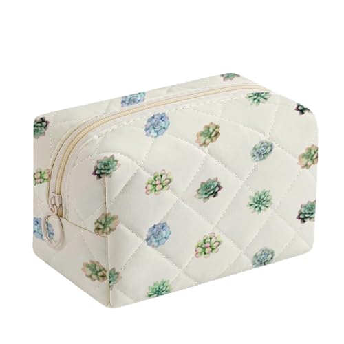 BACDOILQ Quilted Makeup Bag, Cute Succulents Plants Cotton Cosmetic Bag, Coquette Makeup Pouch for Women Girls, Aesthetic Organizer Bags Travel Toiletry Bags