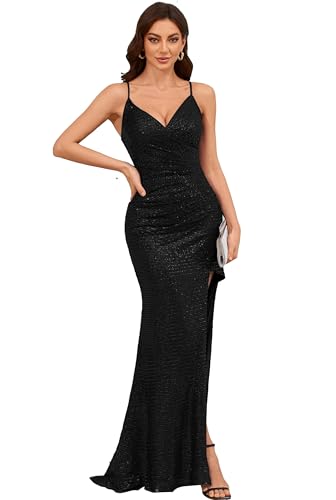 Image of Women's Long Sequin V-Neck Mermaid Formal Dress Backless Slit Sparkly Glitter Cocktail Dresses Ruched Prom Dress