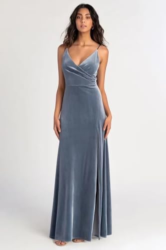 Velvet Bridesmaid Dresses Spaghetti Straps V Neck A Line Long Ruched Formal Evening Party Gown with Slit2