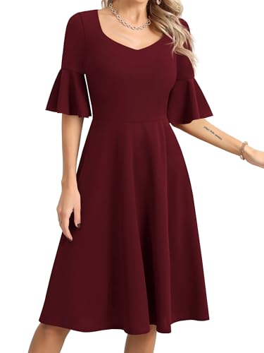 Missufe Damen Cocktailkleid V-Ausschnitt Rüschen Halbarm Rockabilly Swing Hochzeit Party Abendkleid (Burgunderrot, X-Groß)