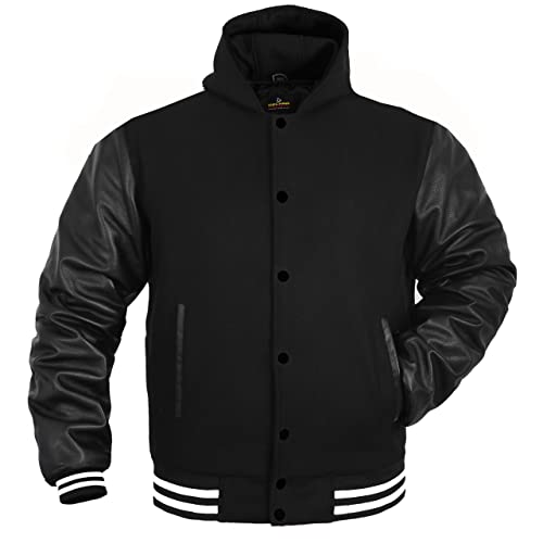 Image of Deckra Men's Varsity Jacket Genuine Leather Sleeve and Wool Blend Letterman Boys College Varsity Jackets with Hood XXS-5XL