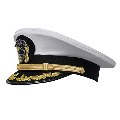 Image of USA Navy Captain Hat White Cotton Removeable Gold Chin Strap Metal Insignia 58cm
