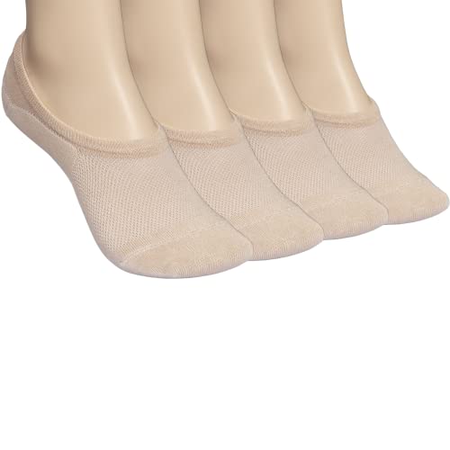 ELYFER No Show Calcetines tobilleros para mujer, corte bajo, sin deslizamiento, calcetines deportivos delgados invisibles - beige - M