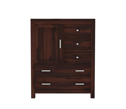 Image of Solid Sheesham Wood 5 Drawer Chest of Drawers with 2 Shelf Storage and Spacious Dresser for Hall Home Office Furniture, Kitchen Cabinet, Stylish Wooden Drawers (Henry)