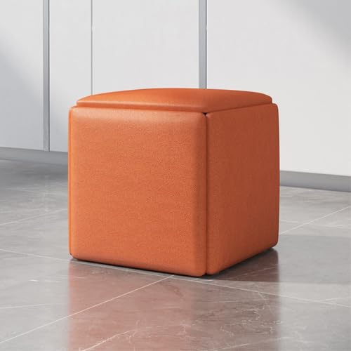 Tabouret ottoman carré orange en cuir grand modèle avec roulettes