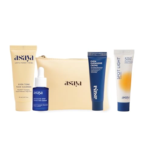 Image of Asaya Travel Kit | Gift for Women | With Free Travel Pouch Bag | Face Wash Cleanser, Serum, Moisturizer & Sunscreen (CSMS Combo) | Melame Complex, Alpha Arbutin, Kojic Acid, Niacinamide | All Skin Types | For Women & Men