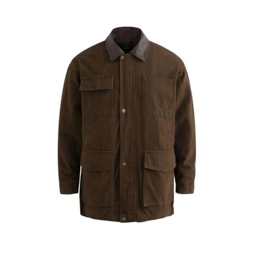 Chaqueta cargo retro para hombre, con múltiples bolsillos, para otoño e invierno, informal, holgada, de piel sintética, solapa empalmada, manga larga, botones, marrón, L