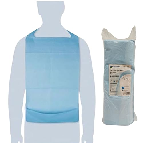 Ortopal Pack 100 Baberos Desechables para Adultos y Mayores 38x68 cm. Color Azul con Bolsillo Recogemigas