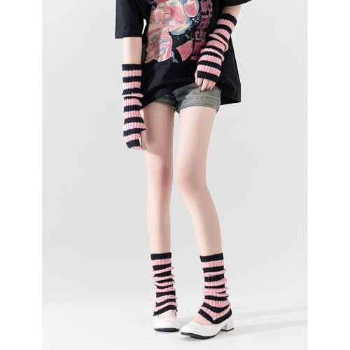 DUNKOING Womens Striped Arm Leg Warmers Set Y2K Knitted Arm Sleeve and Leg Warmer Socks Kawaii Gothic Harajuku for Girls2
