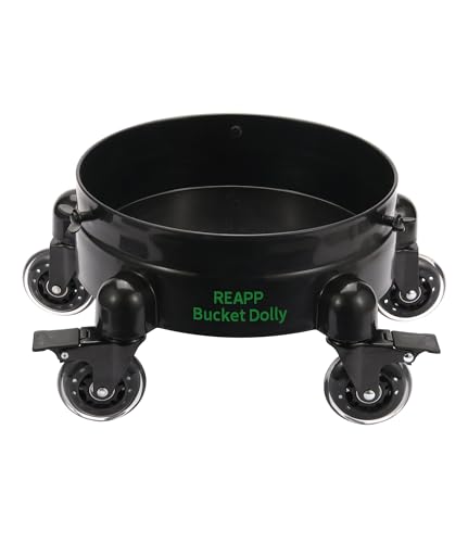 REAPP Bucket Dolly with Wheels,Heavy-Duty 360°Rolling Car Wash Bucket Dolly with 5 Wheels and 2 Locking Casters Compatible with 4, 5 and 6 Gallon Buckets (Black, 3''Casters Roller Wheels)