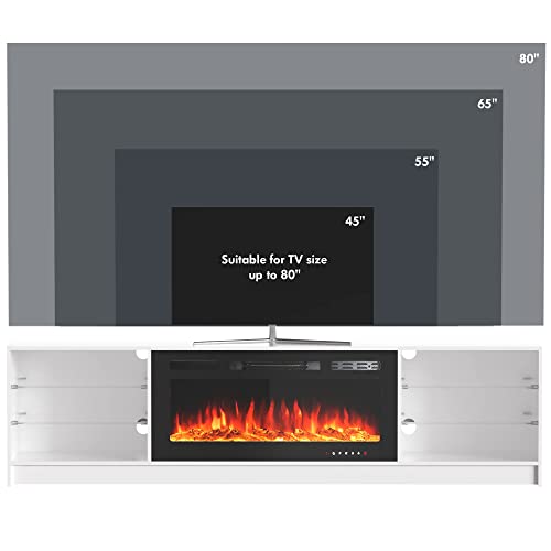 Mellcom 79" Fireplace Tv Stand With 40" Electric Fireplace, Entertainment Center With Adjustable Glass Shelves, Tv Console For Tvs Up To 80", Tv Table For Living Room,Bedroom,Office, White #TOP6