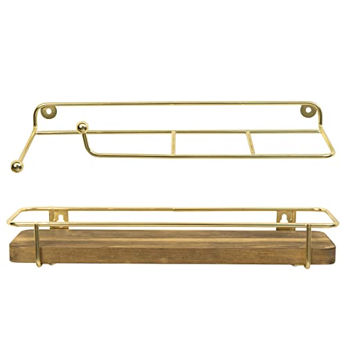 Mygift Wall Mounted Indoor Umbrella Holder Rack With Burnt Wood Base And Brass Metal Wire Frame, 2 Piece #TOP6