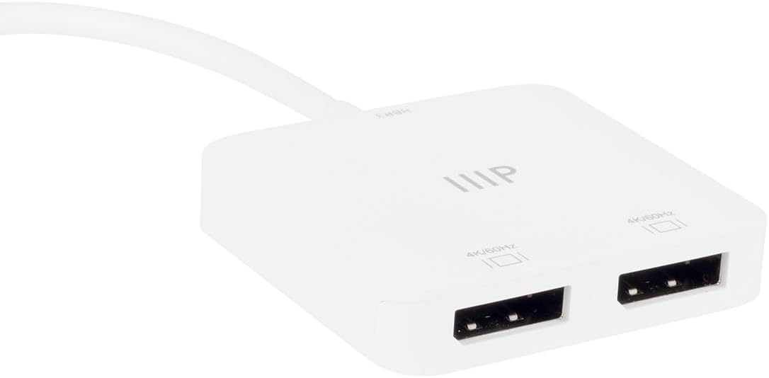 Monoprice USB-C to Dual 4K DisplayPort Adapter (Dual 4K@60Hz) HDR, Supports MST, SST, and Mirror Modes, Portable, Compatible with Thunderbolt 3 Devices with Windows and MacOS,White
