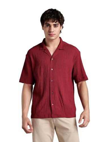 Image of FYLTR Men's Solid Textured Relaxed Fit Shirt - Half Sleeves | Cuban Collar | Comfortable Fit | Summer Shirts