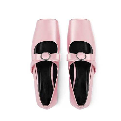 Women's Mary Jane Ballet Flat Shoes with Bows Slingback Strap Block Chunky Heel Ballerina Flats Closed Square Toe Comfortable Casual Dress Loafer Shoes Ladies Metallic Fabric3