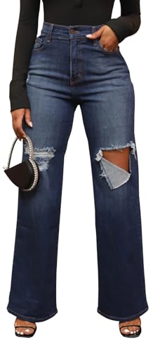 Ripped Jeans for Women Stretchy Wide Leg Straight Destroyed Jean High Waist Curve Tummy Control Fashionable Distressed Baggy Denim Pants,Dark Blue, Large