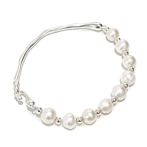 Maison Dianie Bracelet en Perles de Culture d'eau douce Perles Blanches Crystaux Naturelle Rondes Irrégulière en Argent Sterling 925 Cadeau Bracelet Femme