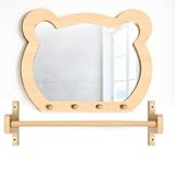 Freudeere Montessori Toddler Mirror with Hooks and Bar, Adjustable Wooden Bear-Shaped Kids Mirror for Self-Discovery, Classroom & Home Use in Daycare, Preschool, Homeschool