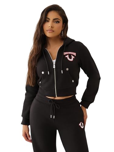 True Religion Women's Embroidered Shrunken Zip Hoodie – Cropped Full-Zip Sweatshirt with Logo Stitching2
