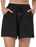 KOJOOIN Kurze Hose Damen Shorts Sommer Kurze Sporthose Loose Fit Jogginghose Sweathose mit Taschen, für Jogging Yoga Fitness Freizeithose Schwarz L