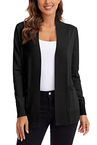 Urban Coco Women's Lightweight Open Front Knit Cardigan Sweater Long Sleeve With Pocket (Black, Xl) #TOP1