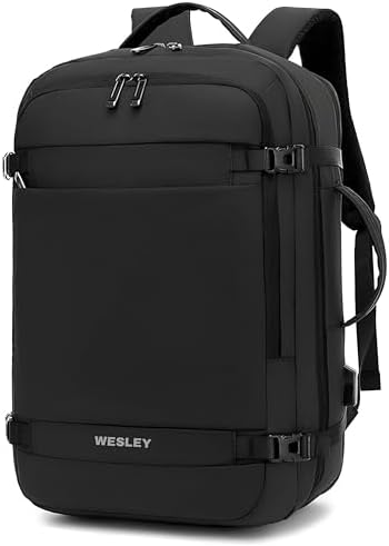 Wesley Luxur 45 Ltrs Overnighter Expandable Travel Laptop Backpack, Flight Cabin Approved Carry On with 16 inch Laptop Compartment, Anti Theft feature business/Travel/Weekender/college Charcoal Black