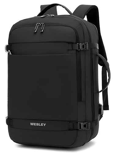 Wesley Luxur 45 Ltrs Overnighter Expandable Travel Laptop Backpack, Flight Cabin Approved Carry On with 16 inch Laptop Compartment, Anti Theft feature business/Travel/Weekender/college Charcoal Black