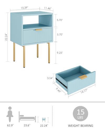 AEPOALUA Nightstand,Morden Bedside Table with Gold Frame,Small Blue Night Stand,End Table,Bedside Furniture,Side Table with Drawer and Shelf for Bedroom,Living Room (1Drawer, Blue)
