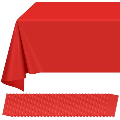 Image of 32 Pack Red Plastic Tablecloth for Rectangle Tables, Premium Decorative Red Disposable Table Cloths for Parties, Rectangle Party Table Cover for Birthday, Wedding, Christmas, Anniversary, 54 x 108Inch