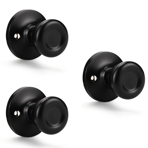 KNOBWELL Dummy Door Knob for Closet or French Doors, Non-Turning Door Knob Single Side, Tulip Style Interior Keyless Non Turning Round Door Handle, Matte Black, 3 Pack