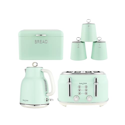Image of Salter Retro Green Kitchen Set – 4-Piece Canister Set, 1.7L Kettle & 4-Slice Toaster, Vintage Design, Bread Bin, Tea Coffee Sugar Storage, Rapid Boil, Wide Slots, 6 Browning Levels, 1630W