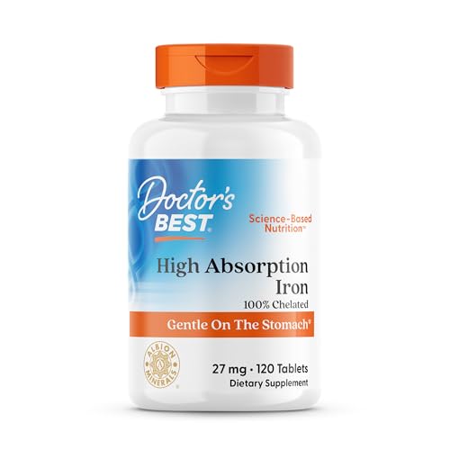 Doctor's Best High Absorption Iron Tablet with Ferrochel, Gentle on The Stomach, Immune Health, Blood Health, 27 mg
