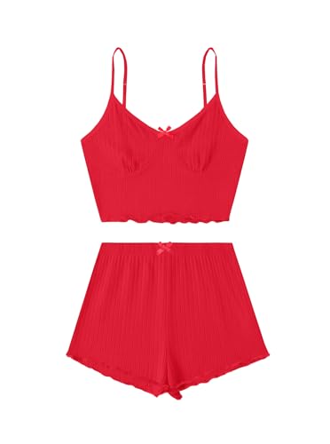 Image of Hilinker Women's 2 Piece Sexy Pajama Set Ribbed Cami Top and Shorts Sleepwear Cute Pjs Solid Red X-Large