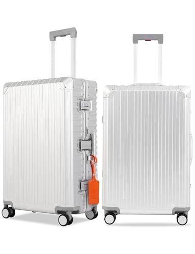 KANGSHILU Mvst Luggage Premium All Aluminum Magnesium 26'' Lightweight Metal,Suitcase with Spinner Wheels Built-in Toiletry Set, Luggage Protector（silvery） (Silver, 26inch)