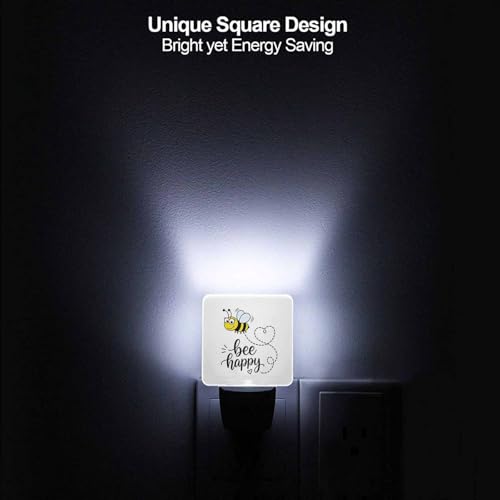 Image of LED Night Light,Bee Happy Funny Text Quote Cute Fat Bee LED Night Light Plug into Wall with Dusk to Dawn Light Sensor White Energy Efficient Nightlight for Bedroom Bathroom Hallway Living Room Kitchen