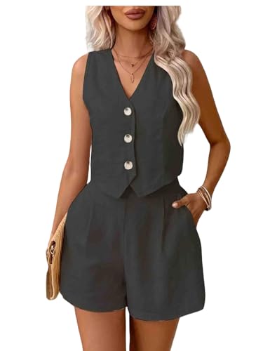 2 Piece Linen Sets for Women Sleeveless V Neck Vest Button Waistcoat Pockets 2025 High Waisted Short Sets