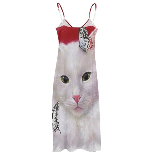 Robe maxi pour voyages plage imprimé chat blanc papillon été sans manches - 4