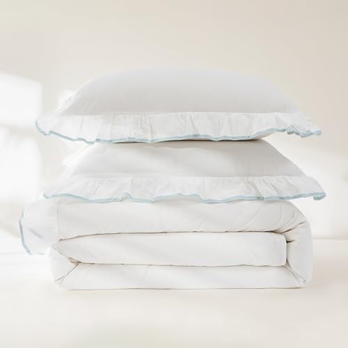 Image of Lush Decor - Duvet Cover Set, 3-Piece Cotton Bedding with Matching Shams, Contrast Edge & Stylish Border (Reyna Off-White /Blue, Full /Queen)