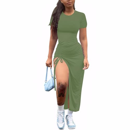 Image of Nimsruc Women Sexy Summer Dresses Short Sleeve Thigh-high Slit Ruched Bodycon Maxi Club Cocktail Party Dress