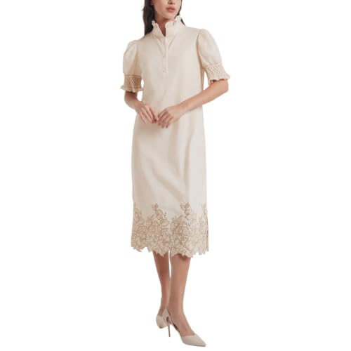 Image of Women's Summer Embroidered Midi Dress 2026 Button Down Short Sleeve Floral Shirt Dress